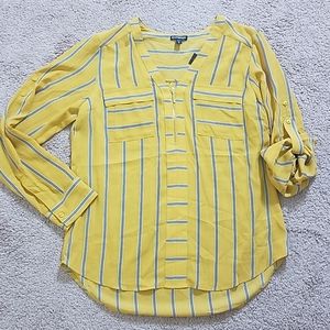 Express gold and black striped roll sleeve blouse